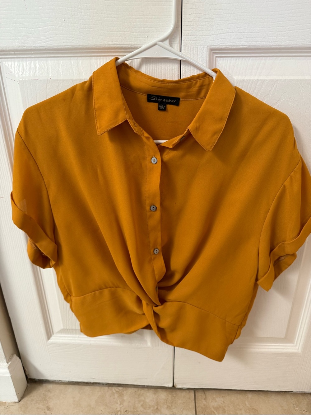 Mustard Twist-Front Button-Down Crop Shirt